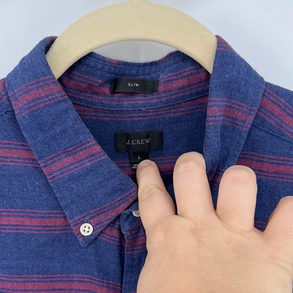 J Crew Mens Slim Fit‎ Cotton Button Down Shirt Navy Red Stripes Size Large